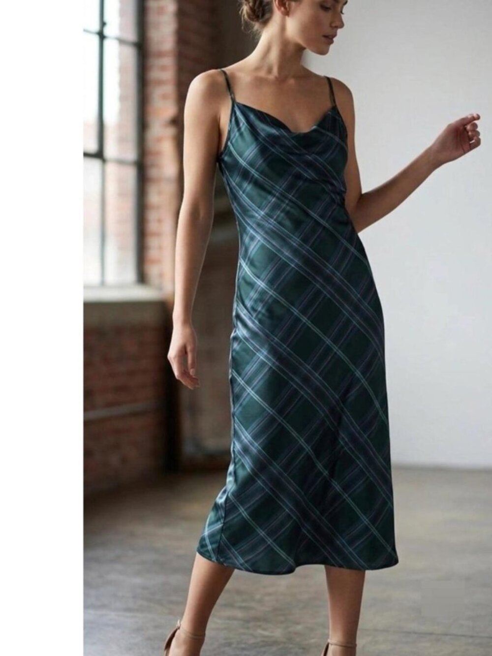 Bebe Satin Slip Dress in Black, Green and Pink Tartan Plaid Size Large